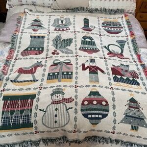 Vintage Tapestry Woven‎ Throw Holly Stockings Snowman Blanket Holiday Christmas